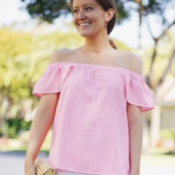 Vineyard Vines Pink White Stripe Off Shoulder Barbie Top XS - Picture 2 of 7
